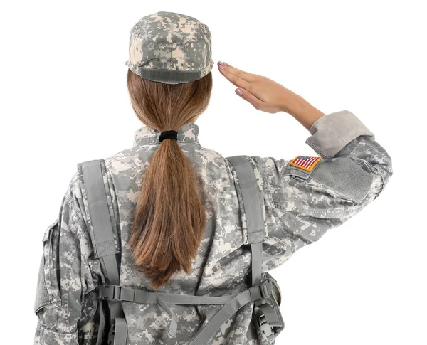 Saluting kvinnlig soldat på vit bakgrund, back View — Stockfoto