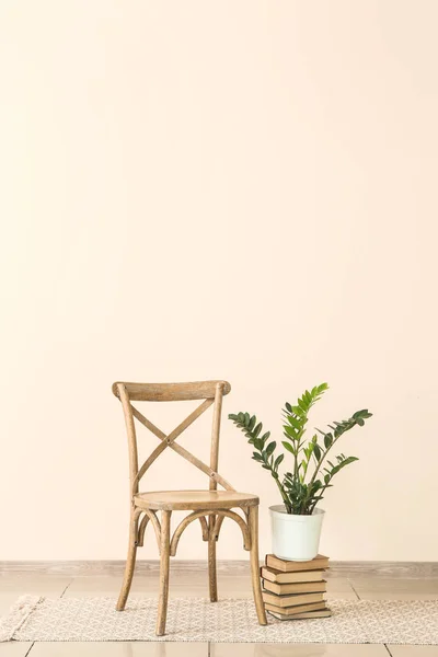 Sandalye, kitap yığını ve ışık duvara yakın houseplant — Stok fotoğraf
