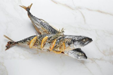 Hafif arka planda pişmiş uskumru balığı