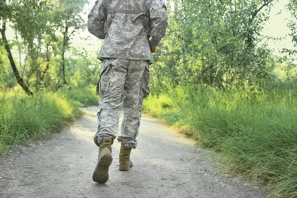 Going male soldier in forest, back view — Stock Photo, Image