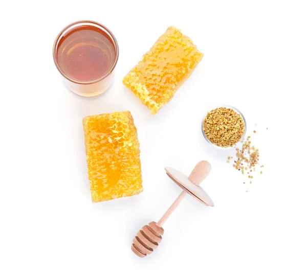 Composition with sweet honey on white background — Stock Photo, Image