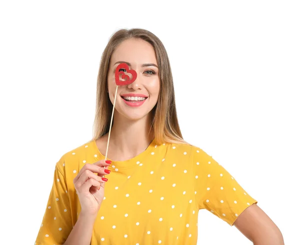 Beautiful young woman with party decor on white background — Stock Photo, Image