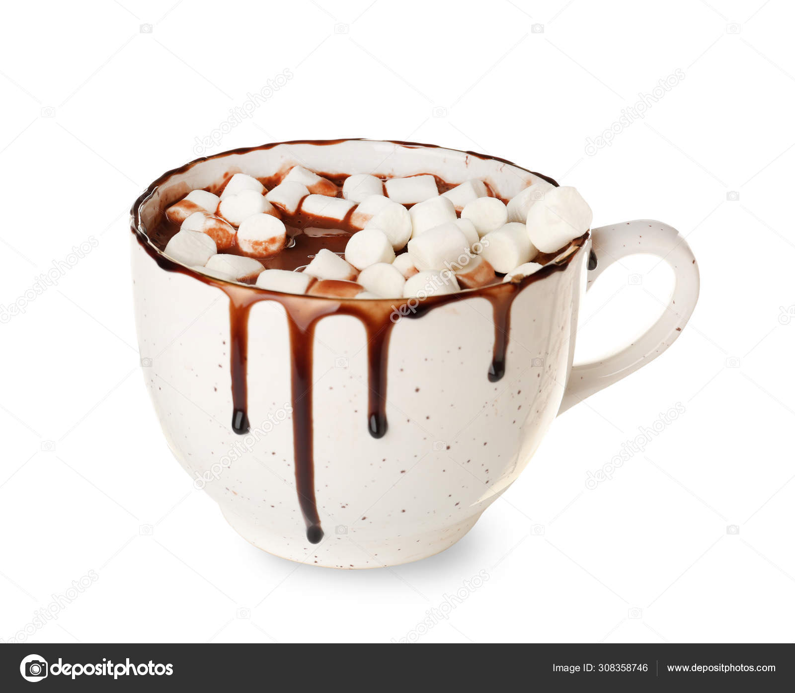 Tasse heiße Schokolade mit Marshmallows auf weißem Hintergrund -  Stockfotografie: lizenzfreie Fotos © serezniy 308358746