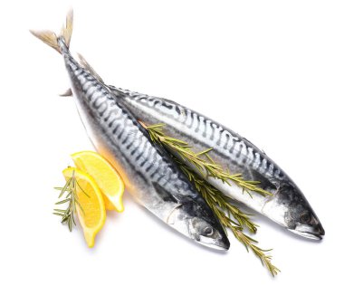 Beyaz arka planda biberiye ve limon ile çiğ uskumru balık