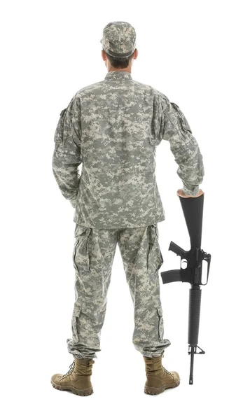 Soldier with assault rifle on white background, back view — Stock Photo, Image