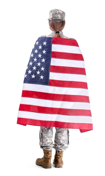 Ung kvinnlig soldat med USA flagga på vit bakgrund, back View — Stockfoto