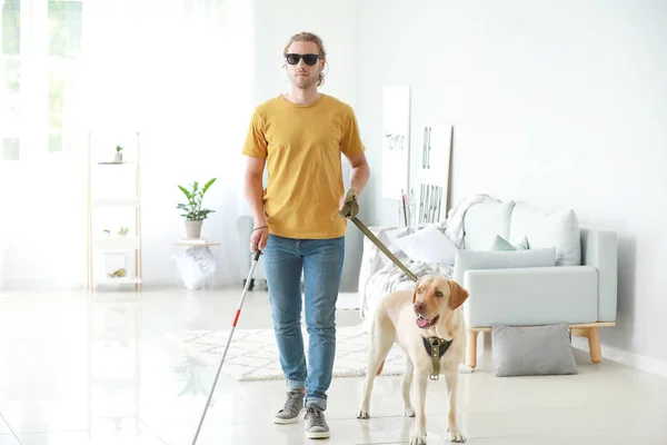 Слепой молодой человек с собакой-поводырем дома — стоковое фото