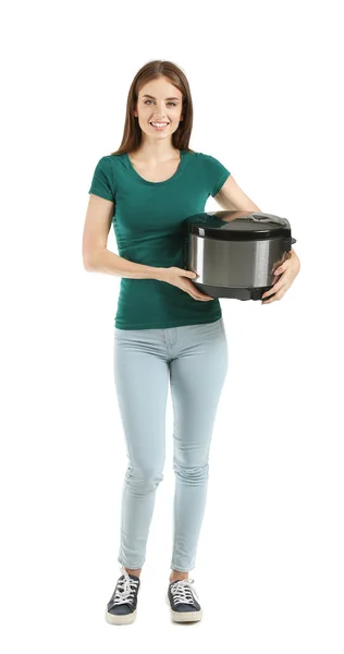 Woman with modern multi cooker on white background — Stock Photo, Image