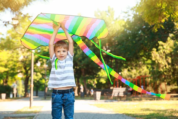 Söt liten pojke med kite i parken — Stockfoto