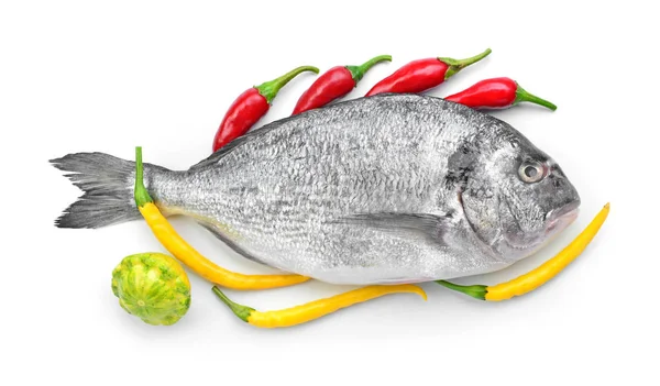 Fresh dorado fish with chili pepper on white background — Stock Photo, Image