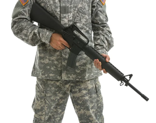 Soldier with assault rifle on white background — Stock Photo, Image