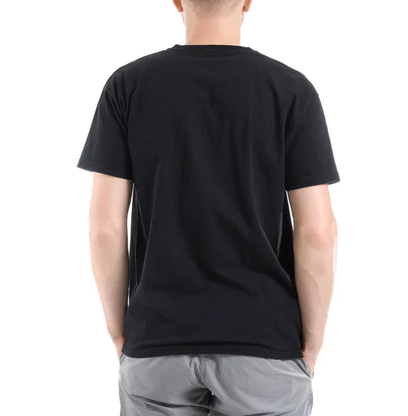 Man i snygg t-shirt på vit bakgrund, back View — Stockfoto