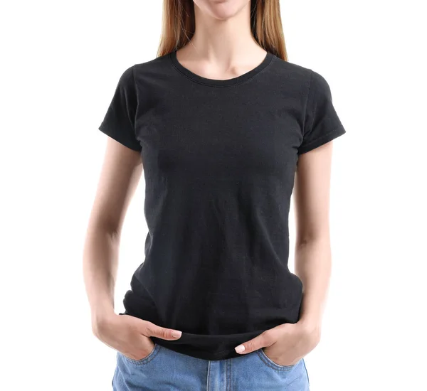 하얀 배경에 유행하는 티셔츠를 입은 여성 — 스톡 사진