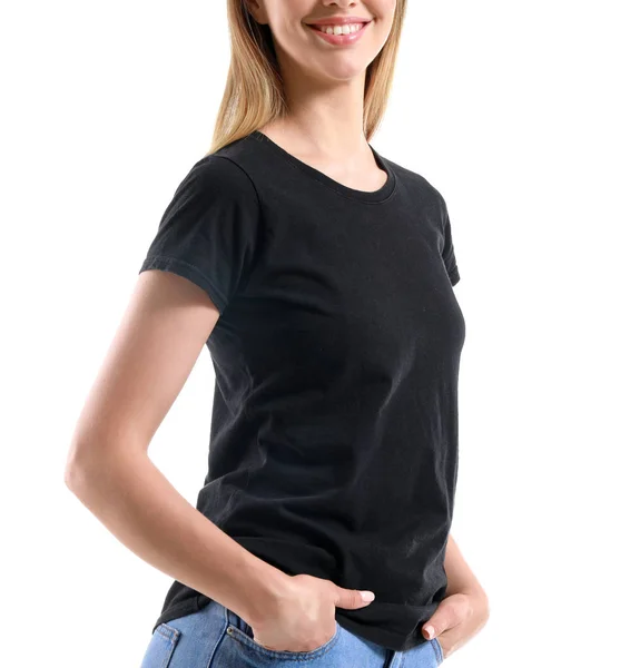 Frau im stylischen T-Shirt auf weißem Hintergrund — Stockfoto