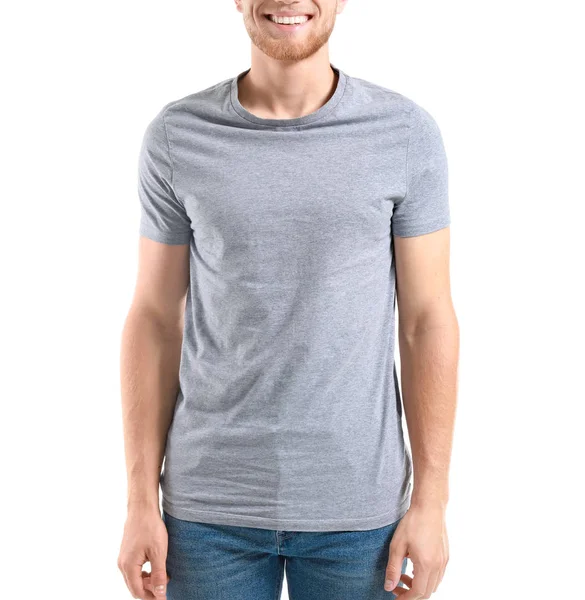 Mann im stylischen T-Shirt auf weißem Hintergrund — Stockfoto