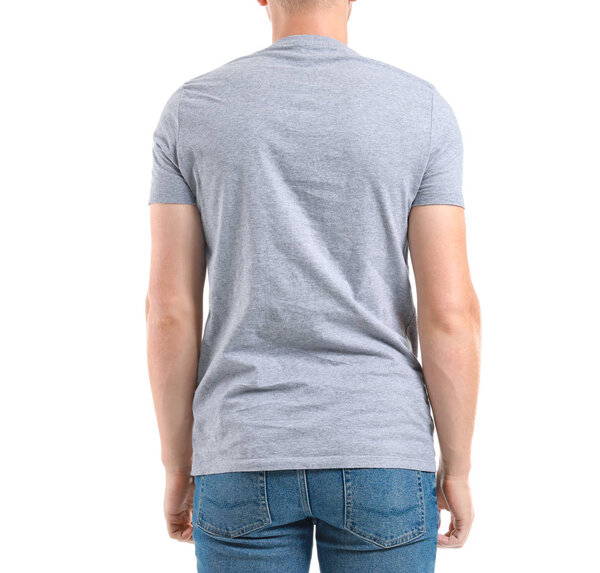 Man in stylish t-shirt on white background, back view