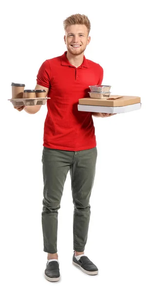 Trabajador guapo del servicio de entrega de alimentos sobre fondo blanco —  Fotos de Stock