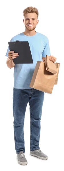 Trabajador guapo del servicio de entrega de alimentos sobre fondo blanco —  Fotos de Stock