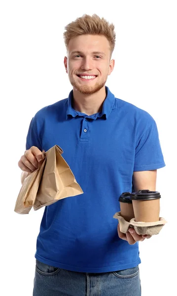 Bel lavoratore del servizio di consegna di cibo su sfondo bianco — Foto Stock