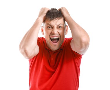 beyaz zemin üzerine kızgın adam portresi