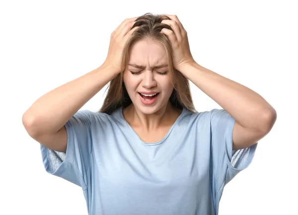 Woman having panic attack on white background — Stock Photo, Image