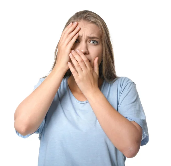 Mujer teniendo ataque de pánico sobre fondo blanco —  Fotos de Stock