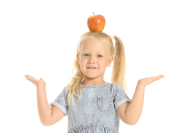 Menina bonito com maçã no fundo branco — Fotografia de Stock