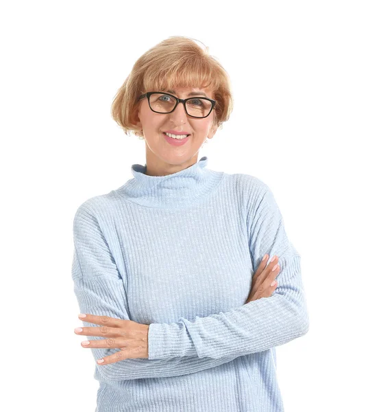 Retrato de bela mulher de meia-idade no fundo branco — Fotografia de Stock