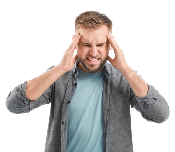 Stressad ung man på vit bakgrund — Stockfoto