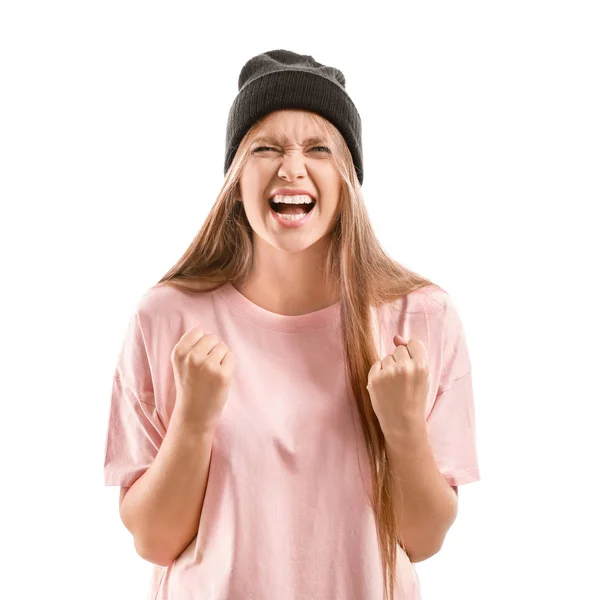 Retrato de mujer enojada sobre fondo blanco — Foto de Stock