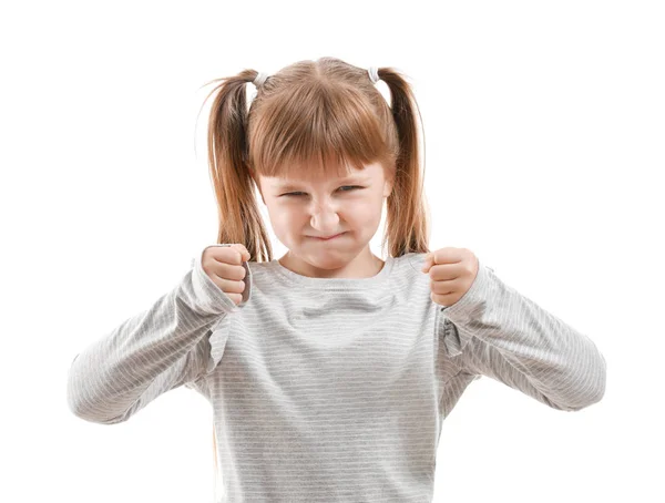 Portrait of angry little girl on white background — Stock Photo, Image