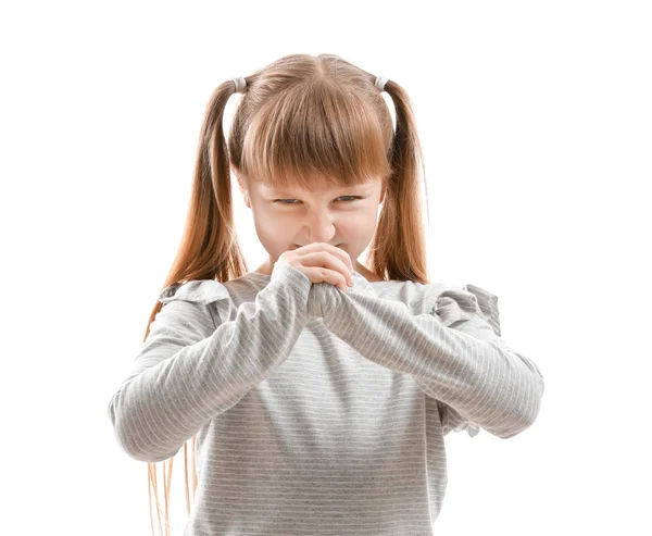 Portrait of angry little girl on white background — Stock Photo, Image