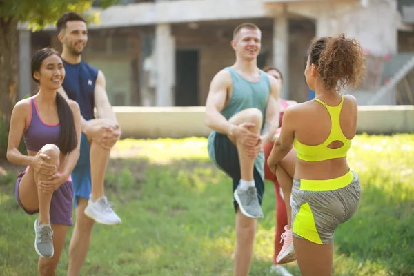Fiatal, sportos emberek csoportja, akik együtt edznek a szabadban — Stock Fotó