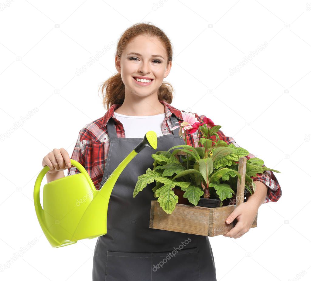 Portrait of female gardener on white background