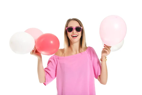 白い背景の上の気球と美しい若い女性 — ストック写真