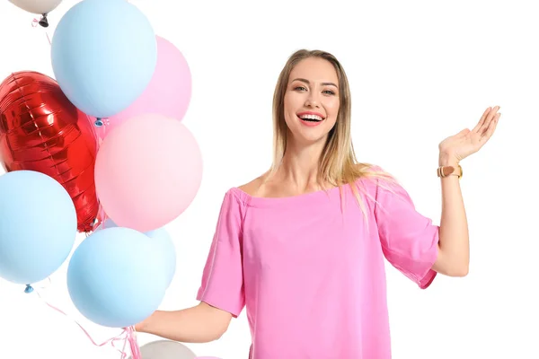 Hermosa joven con globos de aire sobre fondo blanco —  Fotos de Stock