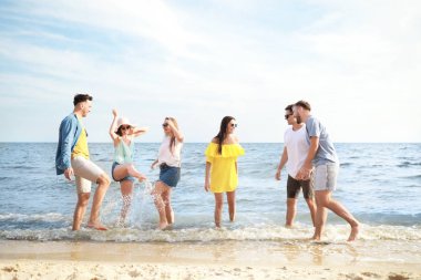 Tatil beldesinde deniz plajında eğlenen mutlu arkadaşlar