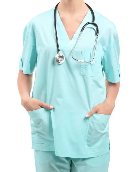 Female nurse with stethoscope on white background — Stock Photo, Image