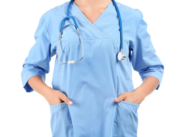 Female nurse with stethoscope on white background — Stock Photo, Image