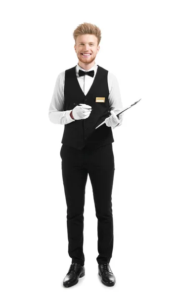 Handsome waiter with clipboard on white background — Stock Photo, Image