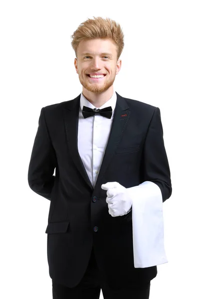 Handsome waiter on white background — Stock Photo, Image