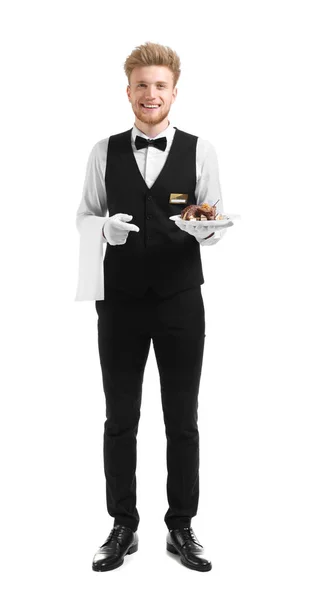 Przystojny kelner z deser na białym tle — Zdjęcie stockowe