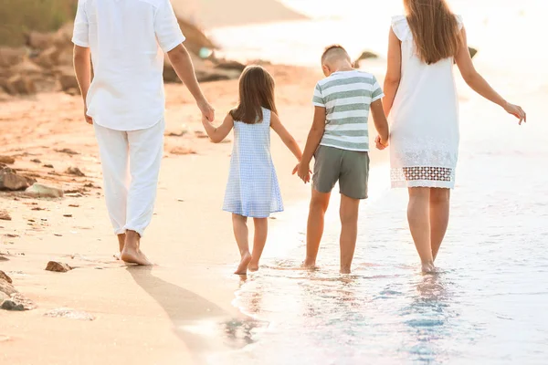 在海滩散步的快乐家庭 — 图库照片