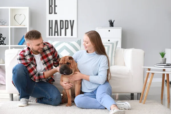 Pasangan bahagia dengan anjing lucu di rumah — Stok Foto