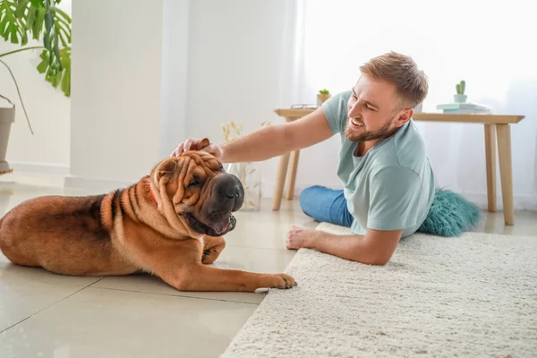 Homem feliz com cão bonito em casa — Fotografia de Stock