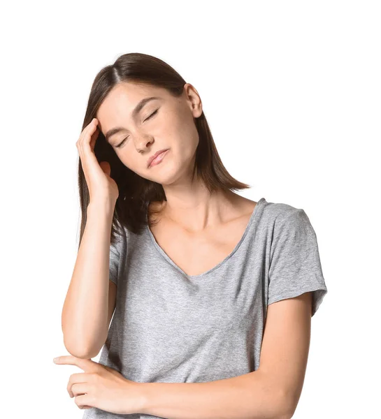 Stressed young woman on white background — Stock Photo, Image