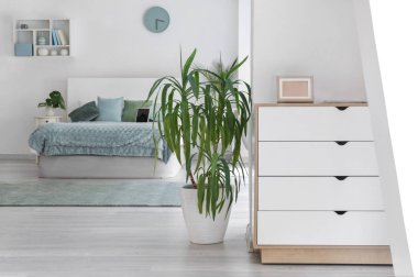 Tropikal houseplant ile hafif yatak odası Iç