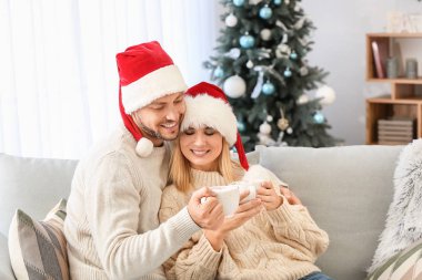 Mutlu çift Noel arifesinde evde sıcak çikolata içme