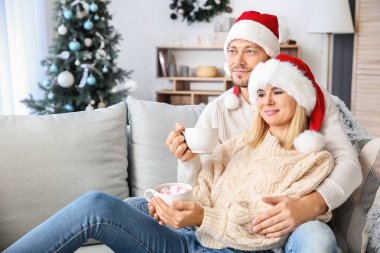 Mutlu çift Noel arifesinde evde sıcak çikolata içme