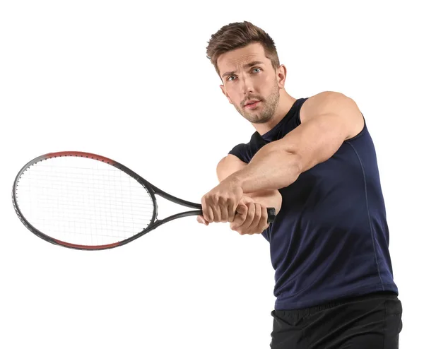 Schöner Tennisspieler auf weißem Hintergrund — Stockfoto